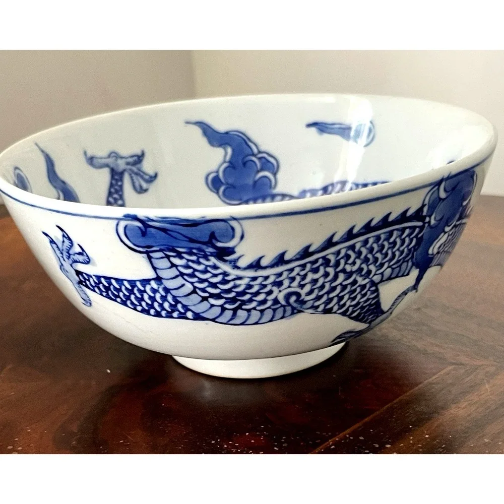 Vtg Chinese Blue & White Porcelain‎ Dragon Bowl w/ Bottom Markings